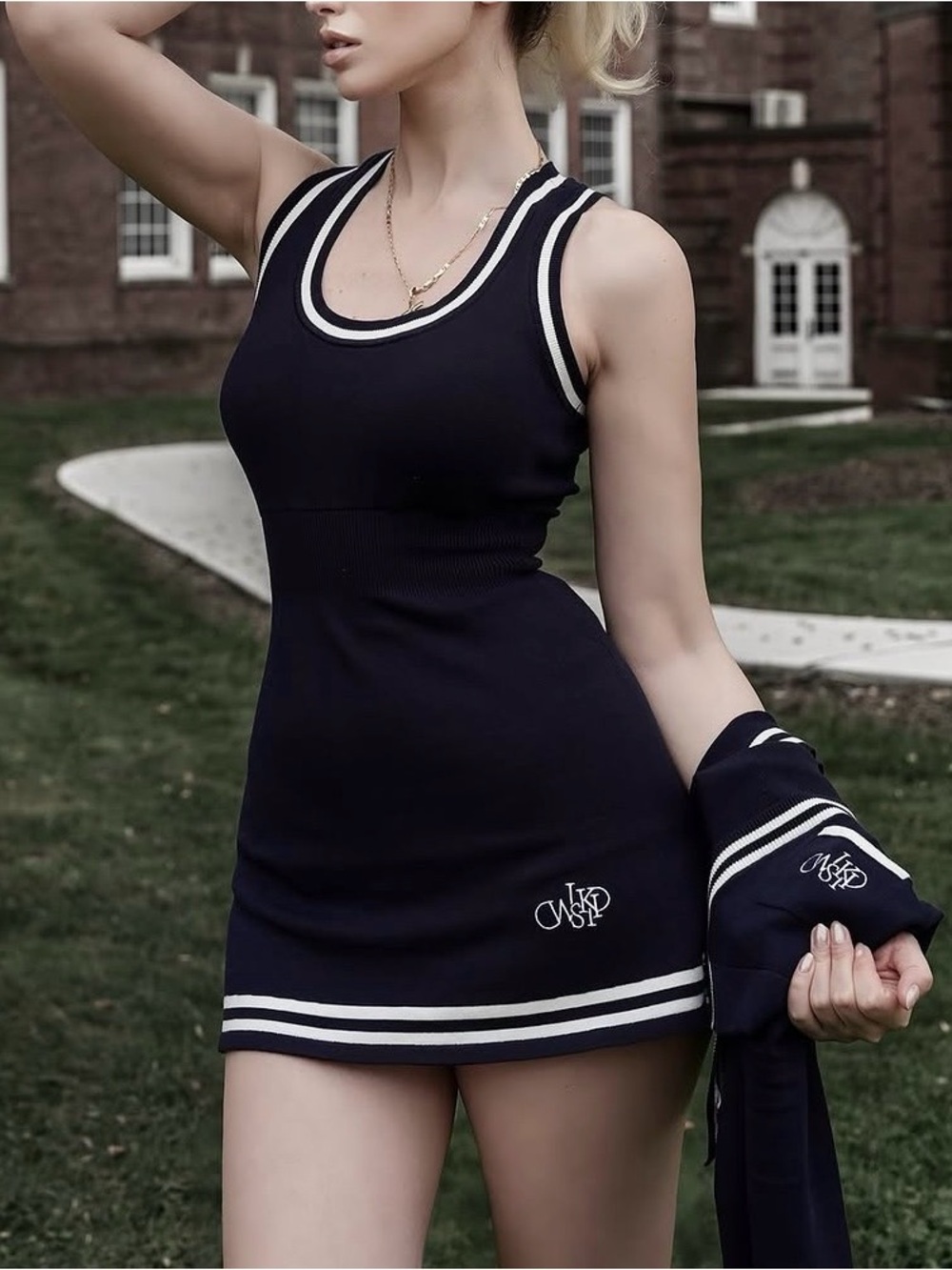 Navy Sleeveless Knit Mini Dress with White Contrast Trim